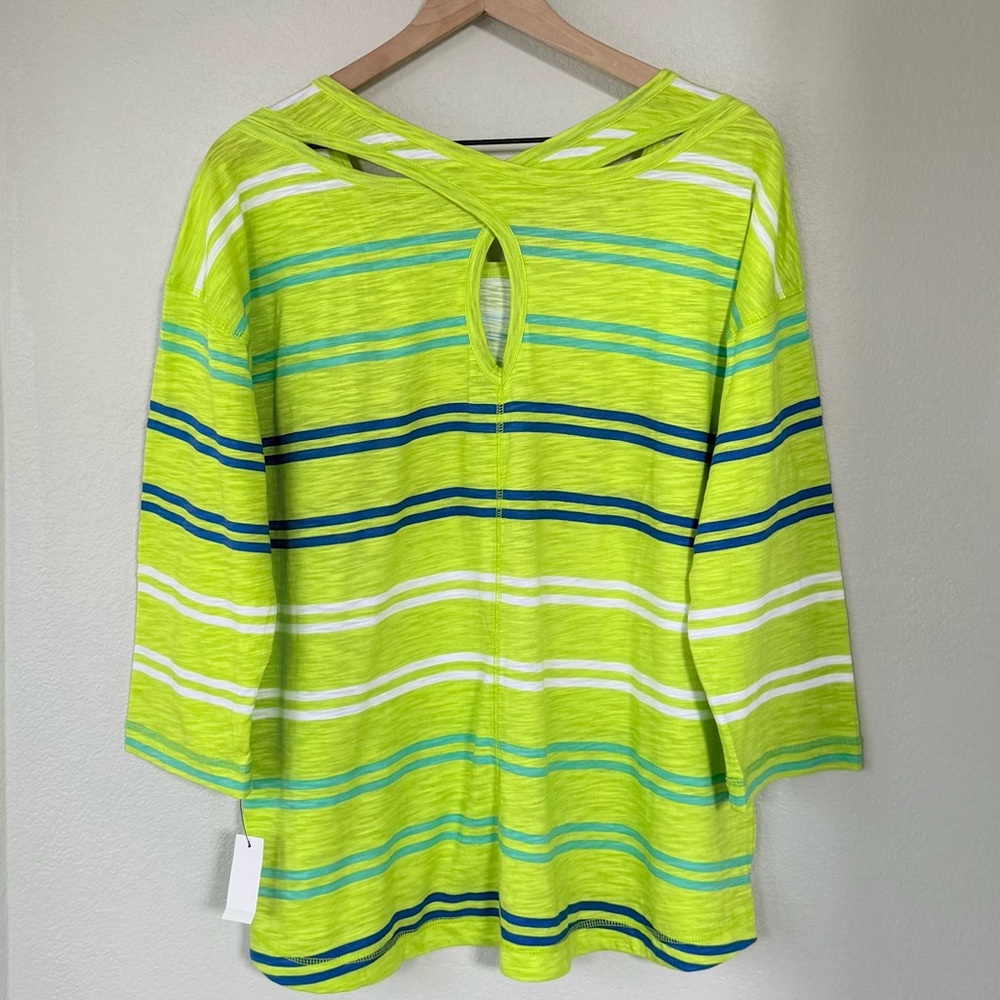 T BY TALBOTS NWT XLP Kiwi Stripe Cross Back Top • Athleisure Cotton Modal Slub - Picture 5 of 10